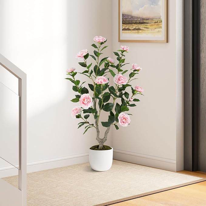 Goplus 36’’ Artificial Camellia Tree, 2 Pack Flower Plants Artificial Tree, Faux Floral Plant Blooming Tree in Nursery Pot, Greenery Potted Plant for Indoor Office Home Porch Decor, Pink