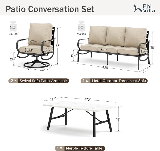 PHI VILLA 4 Piece Patio Furniture Set with 1 x 3 Seater Padded Deep Seating Bench, 2 x Swivel Cushioned Armrest Sofa Chairs and 1 x Coffee Table, Metal Outdoor Furniture Set for 5