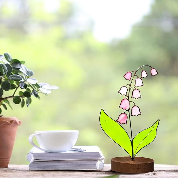 Lily of Valley Stained Glass Decor, Handmade Real Stained Glass Lily of Valley Flower Suncatchers with Walnut Wood Base, Cute Desk Windowsill Decor Plant Gifts for Women,Mom,Plant Lovers (Pink)