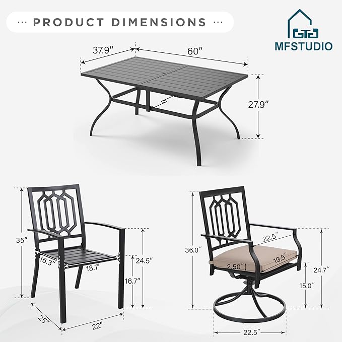 MFSTUDIO Patio Dining Set for 6, Outdoor Table and Chairs Set with Umbrella Hole, Patio Furniture Set for Deck Backyard Poolside Garden, 7 Piece Metal Outdoor Dining Set