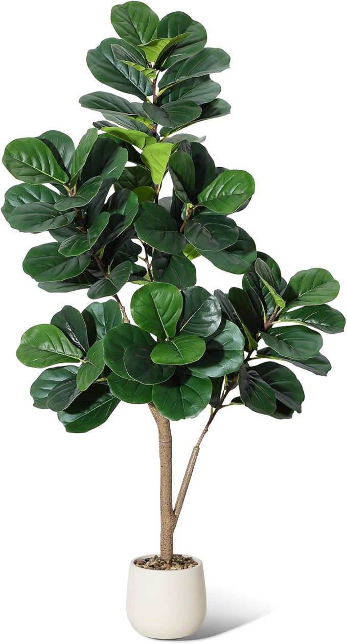 5 ft Fiddle Leaf Fig Tree Artificial with 77 Leaves - Realistic Faux Ficus Lyrata Trees in 7.8 in White Planter Pot, Indoor Fake Floor Plants for Home Office Living Room Decor, Housewarming Gift