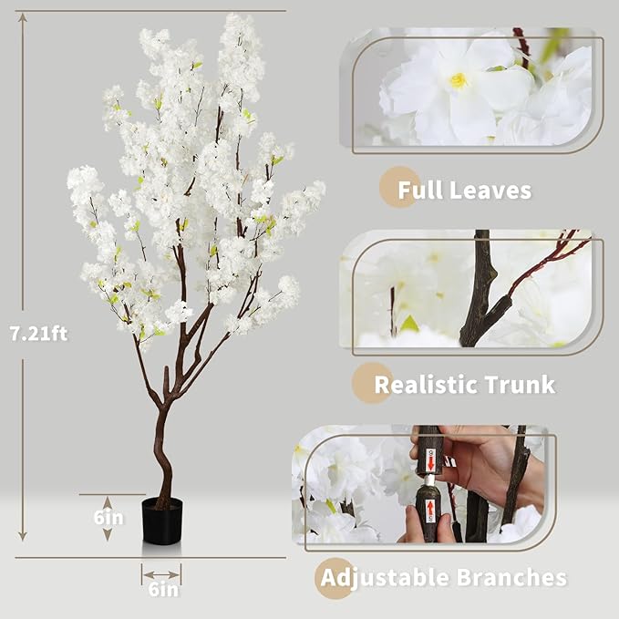 7.2ft Tall Artificial White Cherry Blossom Tree Indoor Decor, Fake Silk Flower Cherry Tree Plant Outdoor, Faux Flowering Tree Christmas New Year Home Decor