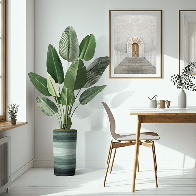 Artificial Tree in Earthy Green Stripe Planter, Fake Bird of Paradise Silk Tree for Indoor and Outdoor Home Decoration - 67" Overall Tall (Plant Pot Plus Tree)