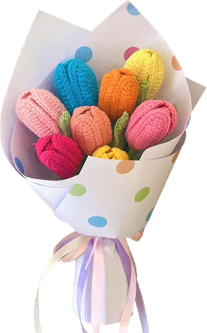 Colorful Tulips Crochet Flowers Bouquet Handmade Knitted Artificial Flowers Home Decor