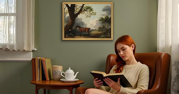 SAMHOU Framed Canvas Wall Art Vintage Decor, Classical Oil Painting Canvas Prints Champ fleuri Vintage Wall Art Brown Horse A 24" L x 16" W Floating
