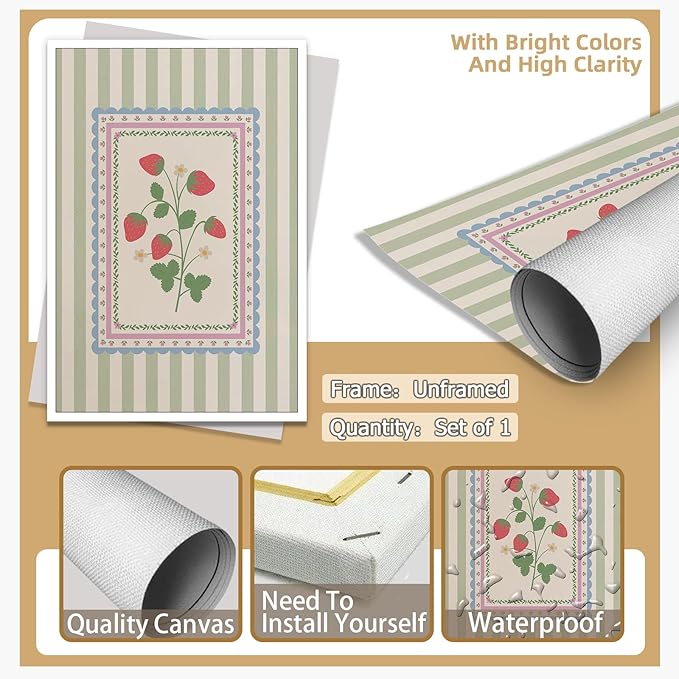 Vintage Green Striped Strawberry Canvas Prints Painting Trendy Botanical Flowers Posters Cute Fruit Cottagecore Wall Art Farmhouse Boho Aesthetic Pictures Decor for Kitchen Bedroom 16x24inch Unframed