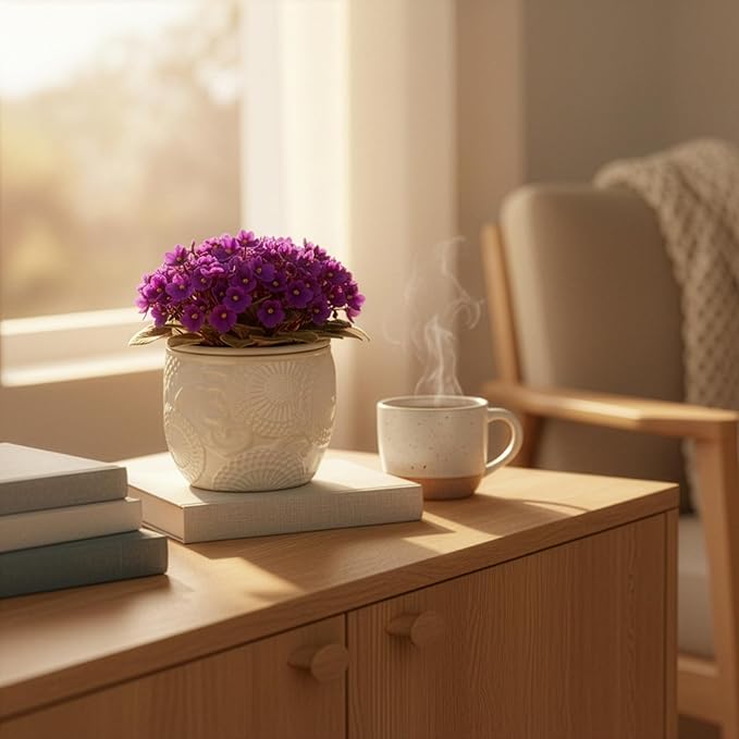 6.5” Ceramic Self Watering African Violet Planter with Embossed Floral Design – Durable Indoor Plant Pot for Orchids, Succulents, and Houseplants