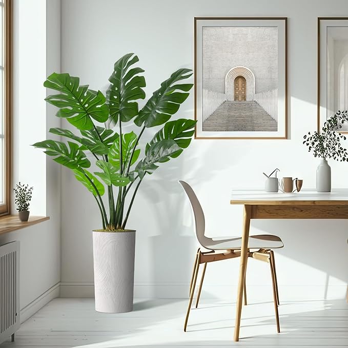 Artificial Tree in White Marble Effect Planter, Fake Monstera Silk Tree for Indoor and Outdoor Home Decoration - 65" Overall Tall (Plant Pot Plus Tree)