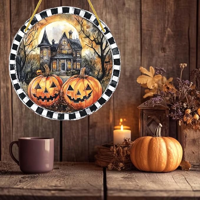 Acrylic Window Hanging Castle Pumpkins Stained Panel Window Decoration for Halloween Decorations Outdoor Indoor Garden Yard Home Halloween Decor 8 Inch