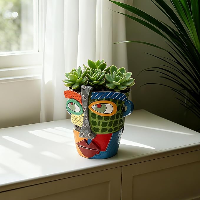 Abstract Face Planters Pots - Whimsical Hand-Painted Ceramic Face Pot for Succulents Plants, Unique Planters for Indoor Garden Decor, Artistic Home & Office Desk Decoration