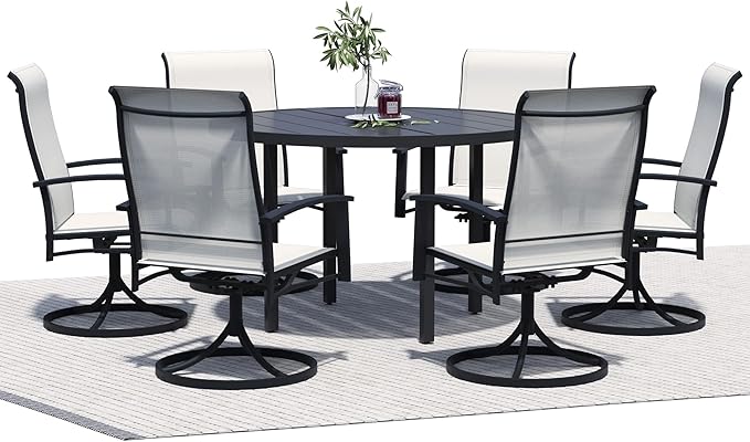 7 Piece Outdoor Dining Set, 47" Black Round Outdoor Dining Table with 6 Oyster Beige Swivel Patio Table and Chair Set of 6 for Lawn, Garden, or Porch