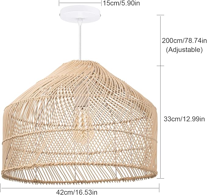 Arturesthome 1 Light Pendant Light Lampshade,Wicker Rattan Hanging Light Fixture Chandelier for Kitchen Island Dining Room Entryway Hallway W 16.5"*H 13"