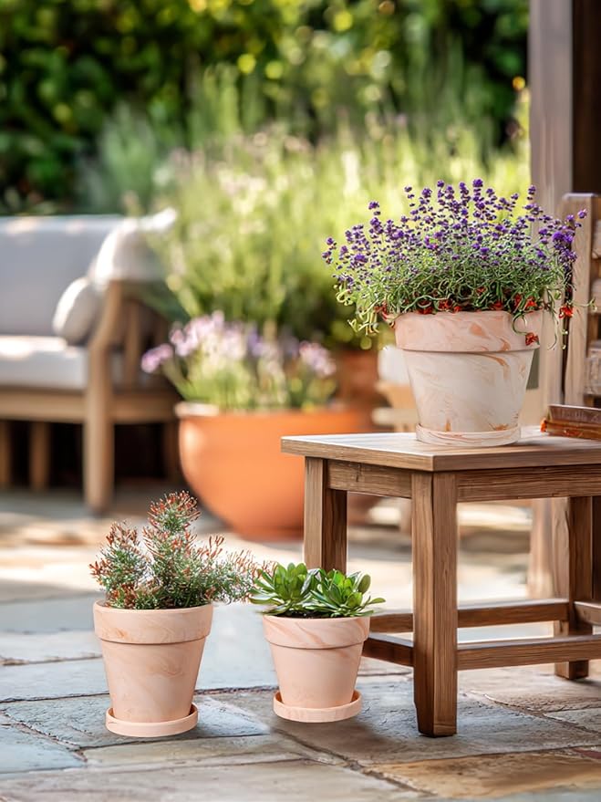 INGOFIN Terracotta Plant Pots 4.7/5.1/6.3 Inch Set of 3, Red White Clay Flower Pots with Drainage Holes & Tray Saucer, Breathable Garden Planters for Indoor Outdoor, Succulent, Cactus, Herbs