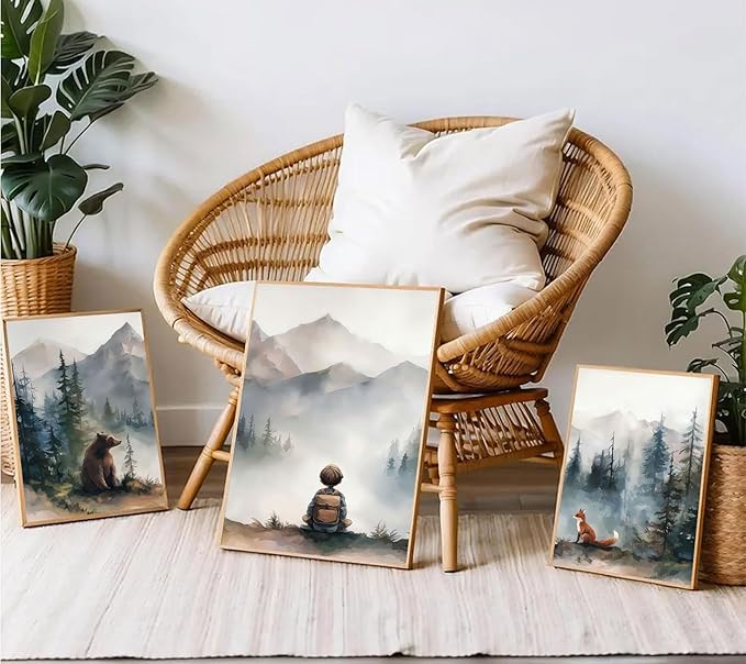 3Pcs Neutral Woodland Wild Animal Wall Art Cute Bear Fox Nursery Wall Decor Pictures Adventure Boy Posters Prints Vintage Forest Animal Canvas Paintings for Baby Room Playroom 12x16