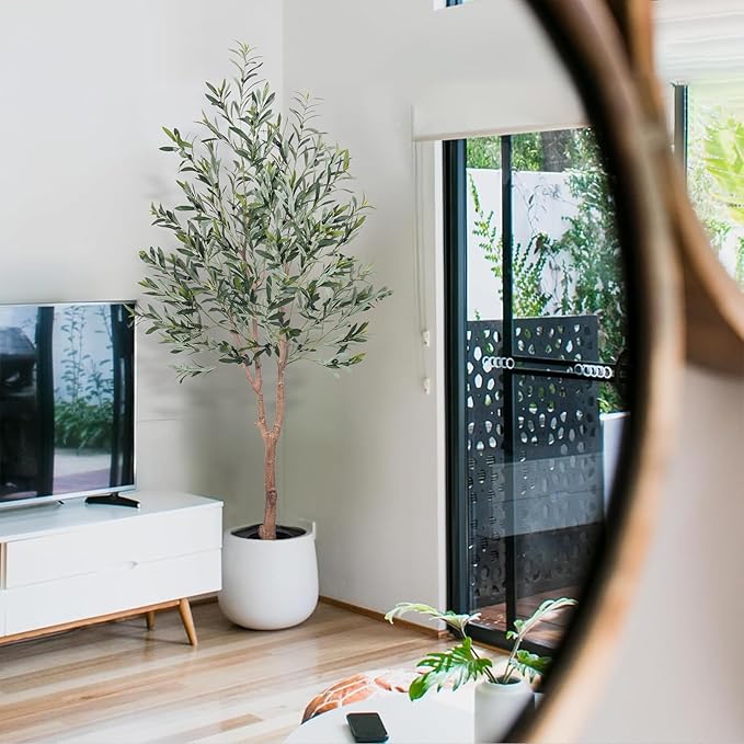 Olive Tree Artificial Plant 6FT,Artificial Olive Tree Mediterranean Silk Screened Broad-leaved Olive Tree with Realistic Fruit, Lifelike Plant Nordic Style Home Aesthetic Hotel Decor