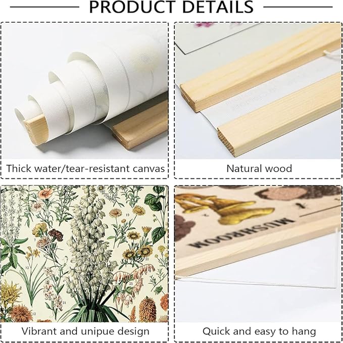 Vintage Flowers Poster Hanger Frame, Plant Floral Reference Chart Wall Decor Cottagecore Room Decor Aesthetic, Retro Style Wall Decor Art Painting Prints. (plant C, 18L x 12W)