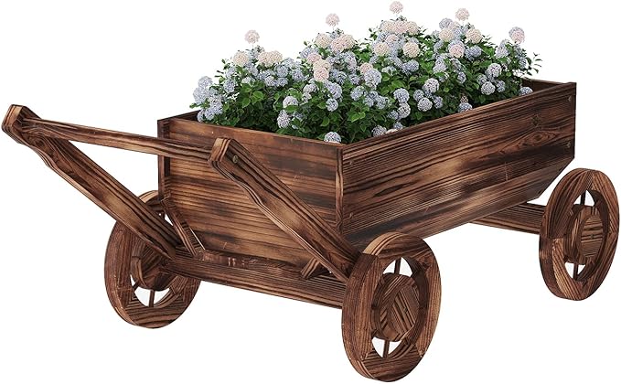 Wooden Flower Cart with Wheels Wooden Wagon Planter Outdoor Garden Planter Decor Planter for Patio Balcony Trolley Decoration Succulent Flower Pot, Indoor Backyard Balcon Decor(L)