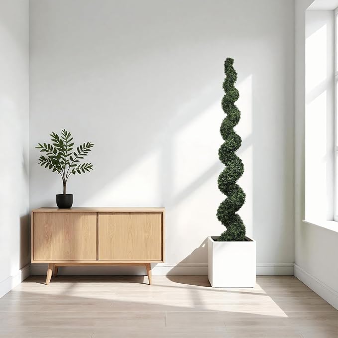 7ft Tall Artificial Spiral Topiary Trees Outdoor Set of 2, Faux Boxwood Plants for Front Porch & Indoor Home Decor, UV-Resistant 7 Foot Large Fake Plants for Patio, Garden, Entryway Decor