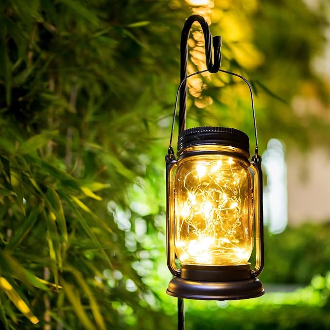 4 Pack Hanging Solar Lantern Lights,Gifts for Woman Mom Grandmom, Vintage Glass Mason Jar Solar Fairy Lights,Outdoor Decorative Waterproof Table Lamp with Stakes for Patio Yard Lawn Tree