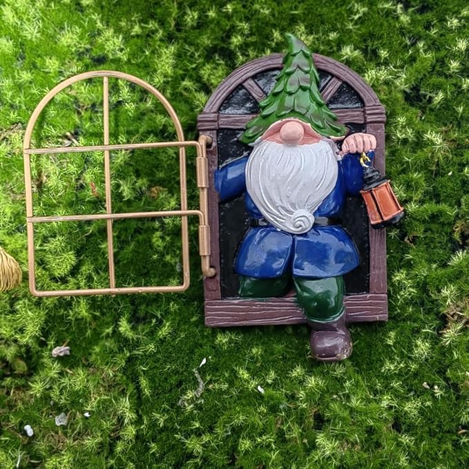 Gnome Open The Door Garden Decor Resin Tree Faces Decor Outdoor Fairy Garden Patio Lawn Porch (Blue)