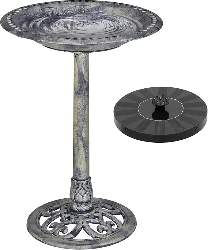 VECELO 28" Pedestal Outdoor Bird Bath with Solar Powered Fountain for Outside, Vintage Bronze Polyresin Lightweight Antique, Yard/Garden Decoration, Gray