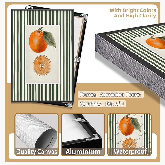Vintage Green Striped Orange Fruit Canvas Wall Art Modern Farmhouse Botanical Kitchen Food Prints Posters Minimalist Colorful Aesthetic Pictures Boho Decor for Bedroom 16x24inch Metal Black Frame
