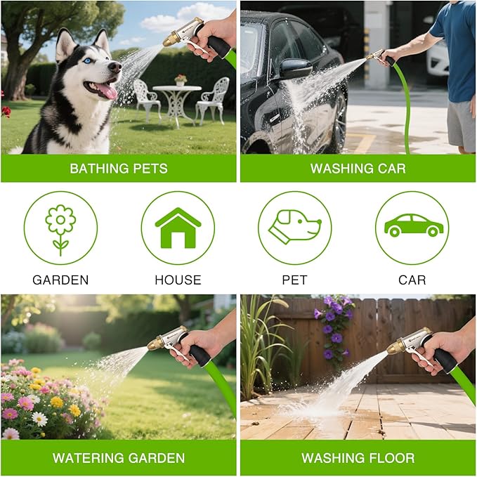 Yesker Garden Hose Nozzle Water Hose Sprayer Nozzle Adjustable 4 Spray Patterns Heavy Duty 100% Metal Brass Water Nozzles with Non-Slip Rubber Grip for Hose Outdoor Watering Plant Lawn Washing Car Pet
