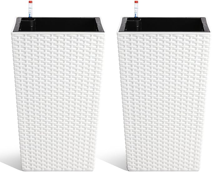 GarveeLife 16 in Tall Planter Set of 2 Large Rattan Flower Pot with 2 Trays & a Water Level Monitor Outdoor and Indoor for Patio, Porch, Living Room, or Home Office, White
