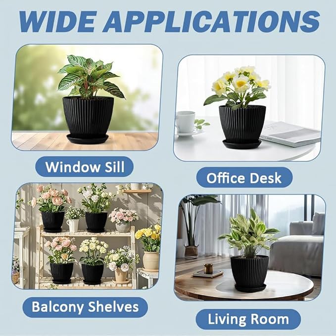 7.5 Inch Black Thickened Plastic Plant Pots with Saucers, 6-Pack Modern Seedling Planters for Indoor Outdoor Plants, Durable Heavy-Duty PP Material for Herbs Flowers Vegetables (<8 inch)