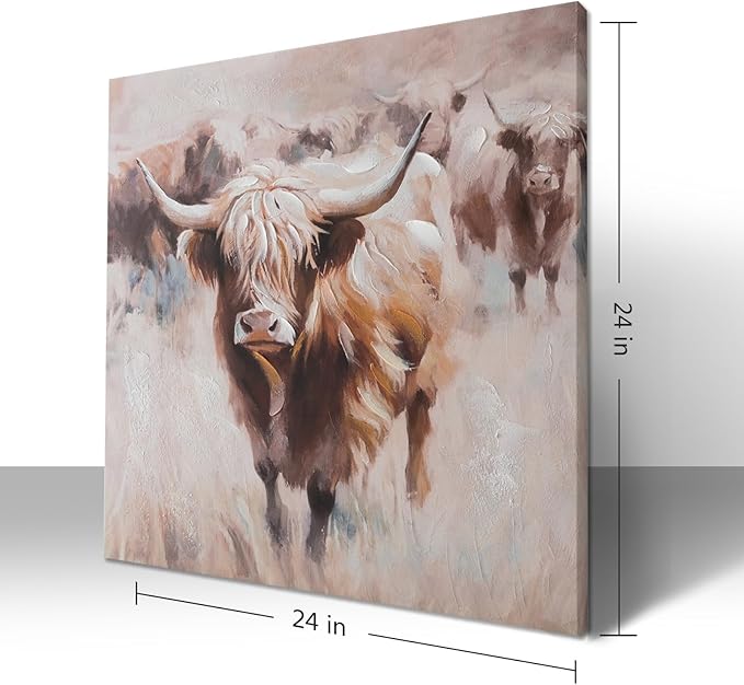 JolyWell Textured Highland Cow Canvas Wall Art Hand painted Farm Animals Painting Cattle Portrait Pictures Bedroom Decor Brown Cow Artwork for Bathroom Dining Room Kitchen Office Living Room 24x24IN