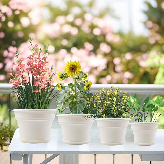8 Inch Plastic-Flower Pot-for-Indoor Plants, 4 Pack Large Outdoor Planter Pot with Drainage Holes & Saucers, Resin Decorative Garden Pots Planters
