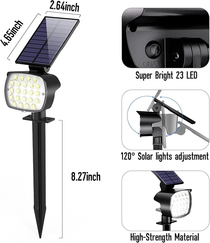 hyrion Solar Spotlight Outdoor Waterproof Ip65 23 LED 3 Lighting Mode 2-in-1 Solar Powred Yard Spot Lights for Garden Tree Law Pathway 2 Pack Cool White