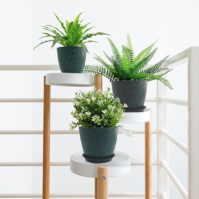 8/7/6 inch Plant Pots, 3 Pack Flower Pots for Outdoor Indoor Garden Plants, Large Planters with Multi Mesh Drainage Holes and Saucer (Black with Green Speckles, 8"+7"+6")