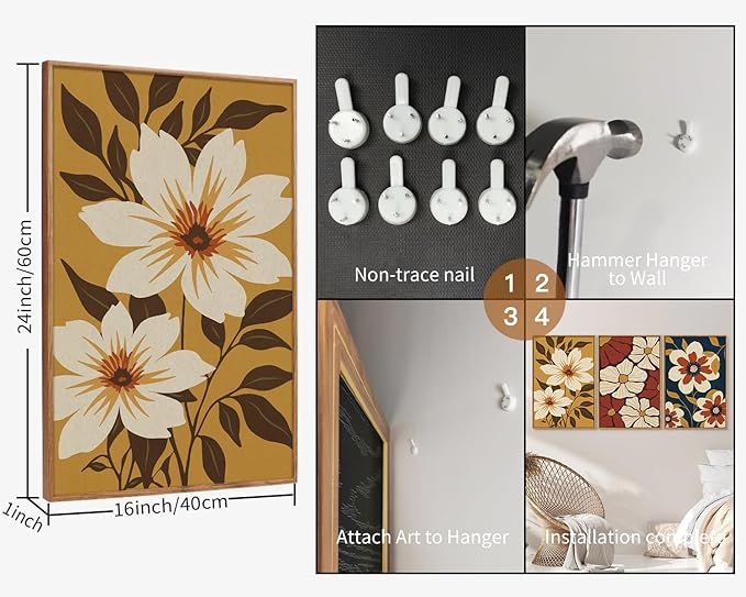 Rantodecor Vintage Floral Framed Canvas Wall Art Set, Mid Century Modern Flowers Wall Decor, Minimalist Retro Botanical Art Paintings, Colorful Neutral Plant for Bedroom Living Room Office 16"x24"x3