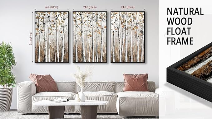 Large Framed Tree Wall Art - Abstract Forest Wall Decor 24"x36" Set of 3 Aesthetic Autumn Birch Painting Prints Modern Brown Plant Canvas Pictures for Living Room Bedroom Office Artwork