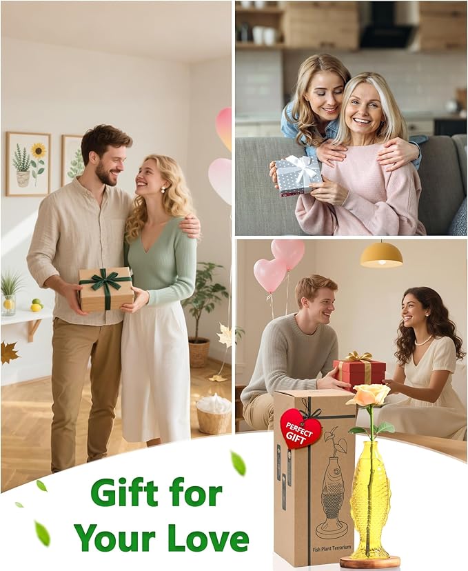 Nacome Fish Vase Propagation Stations: Glass Plant Terrarium with Wooden Stand for Home Office Desk Decor, Unique Gifts for Plant Lovers Women Mom (Yellow)
