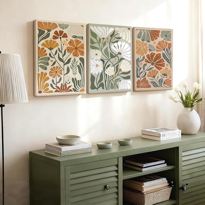Kdyudo 3 pcs Framed Bohemian Wildflower wall art, Abstract Floral Canvas Print Green and Beige Hand-Painted Botanical Poster Modern Minimalist Style Wall Decor for Bedroom and Living Room 12x16 Inch