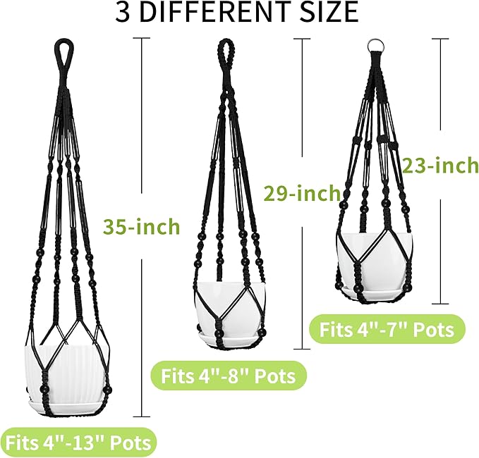Macrame Plant Hanger - Fits 4 to 13 inches Pots for Indoor Outdoor, 35"/29"/23" Different Sizes Set, Black (POTS NOT Included)