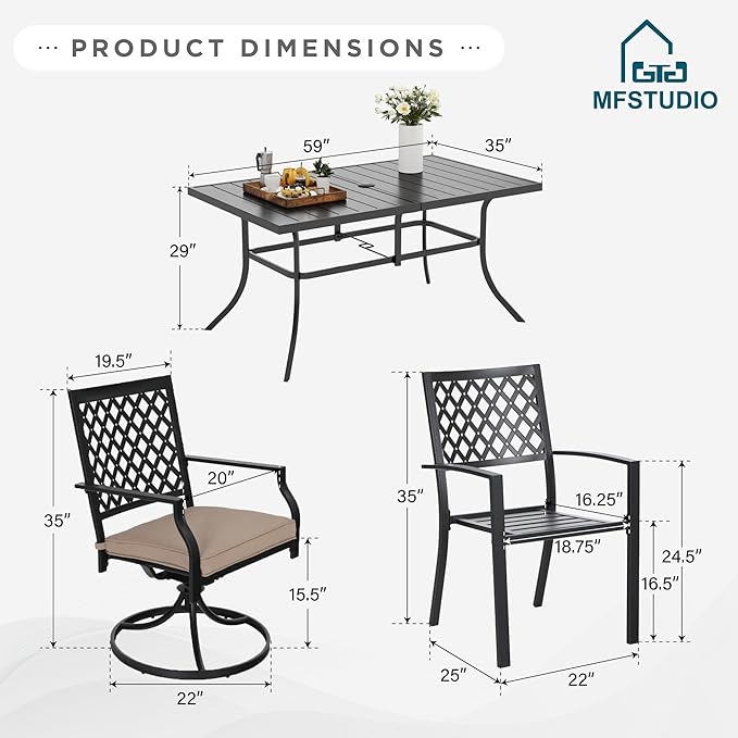 MFSTUDIO Patio Dining Set for 6, Outdoor Table and Chairs Set for Deck Backyard Poolside Garden, 7 Piece Metal Patio Furniture Set with Umbrella Hole