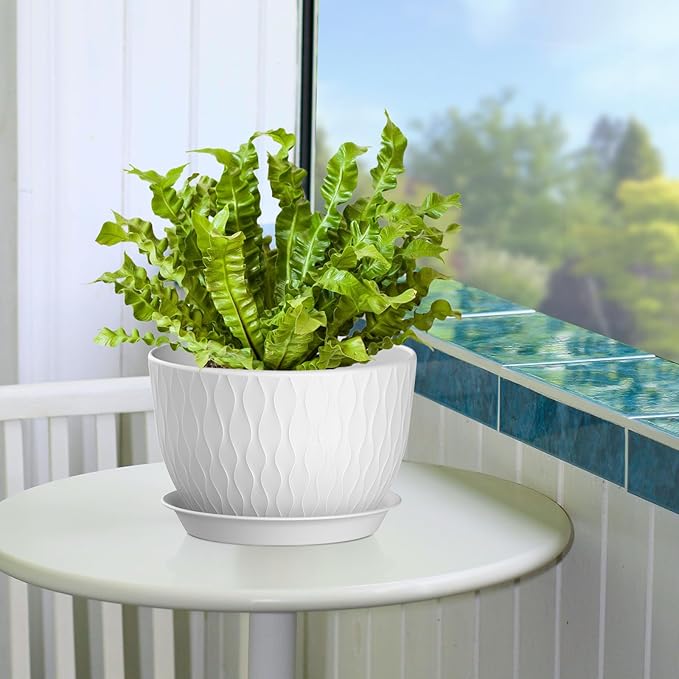 Plant Pots 12/10/9 Inch Pots, Set of 3 Plastic Planters with Drainage Holes and Saucers,Plastic Flower Pots,Nursery Planting Pot for Indoor Out Door Plants(White)