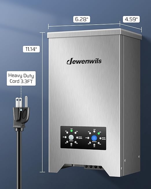 DEWENWILS 600W Low Voltage Landscape Transformer with 2-Zone, Landscape Lighting Transformer with Photocell Sensor & Countdown Timer, 120V AC to 12V/15 AC, Stainless Steel for Outdoor Light, LED Light