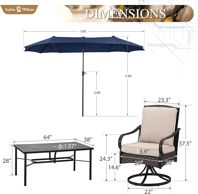 Sophia & William Patio Table and Chairs Set with Umbrella 8 Piece Outdoor Dining Set for 6 with 13ft Double-Sided Patio Navy Umbrella, 6 x Swivel Patio Chairs, 1 Metal Table for Lawn Garden