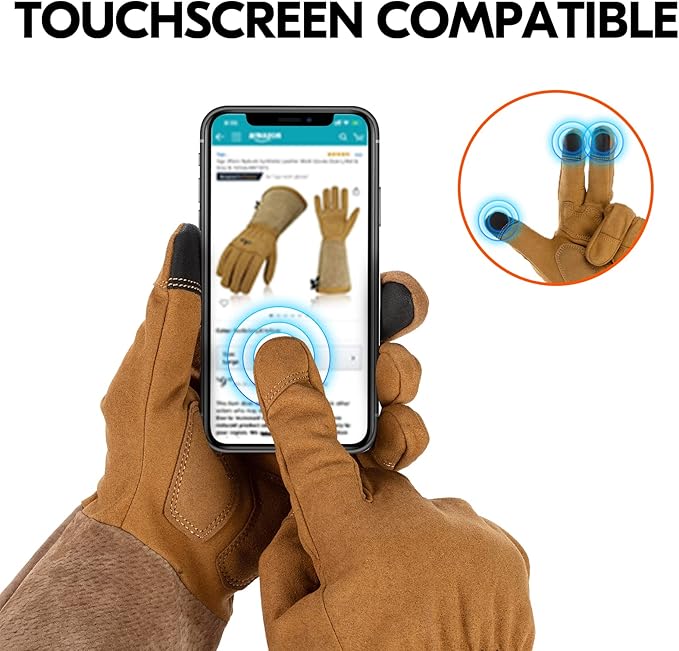 Vgo... Men's Extra-Long Leather Gardening Gloves, Gauntlet with Adjustable Cuff, Puncture & Thorn Proof, Touchscreen (SL6592)