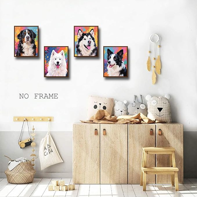 NIIORE Colorful Dog Canvas Wall Art, Pet Printing, Border Collie, Samoyed, Alaskan Malamute, Bernese Mountain Dog Prints, Set of 4, 8x10 Inches Unframed