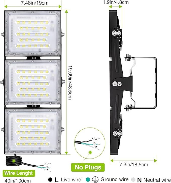 2 Pack LED Flood Lights Outdoor, STASUN 300W 30000lm 6000K Daylight White IP66 Waterproof, Commercial Parking Lot Lights, 3 Heads for Yard Street Stadium Outdoor Area Floodlight Bright Security Lights