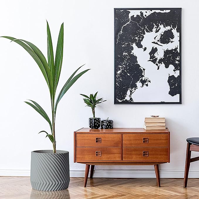 Fox & Fern Large 12 Inch Planter — Premium Polystone Gray Plant Pot with 3D Texture and Drainage Plug; 12 Inch Pots for Plants Indoor; Large Planter for Indoor & Outdoor Plants