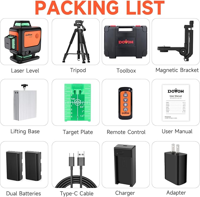 4D Laser Level with Tripod : Dual Batteries Laser Level 360 Self Leveling Green Hard Toolbox for Construction Floor Tiling Ceiling, Class Ⅱ, Y4-360G-KIT