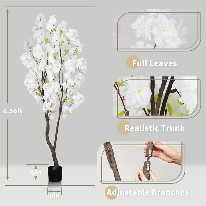 6.56ft White Artificial Cherry Blossom Tree Indoor Decor,Nearly Nature Silk Flower Fake Tree Tall,Realistic Faux Cherry Plant Tree for Christmas New Year Home Decor