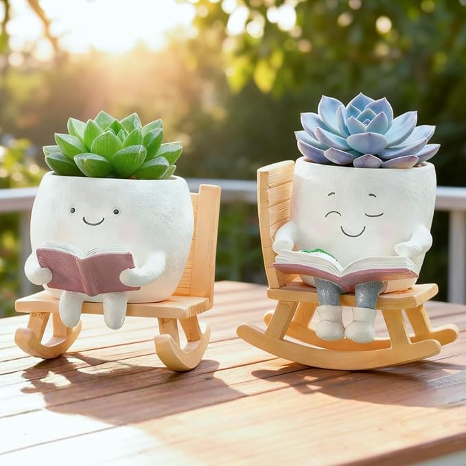 Adorable Smiley Face Reading Flower Pot, Unique Rocking Chair-Style Resin Plant Pot with Drainage Holes, Suitable for Indoor/Outdoor Planting and Home Decor (A)