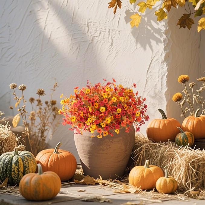 12 Bundles Fake Mums Fall Flowers Artificial for Outdoors Decoration Artificial Mums Faux Plants Daisy for Outdoor Outside Planters UV Resistant Violets for Fall Decor Home Porch Door Front Patio Yard